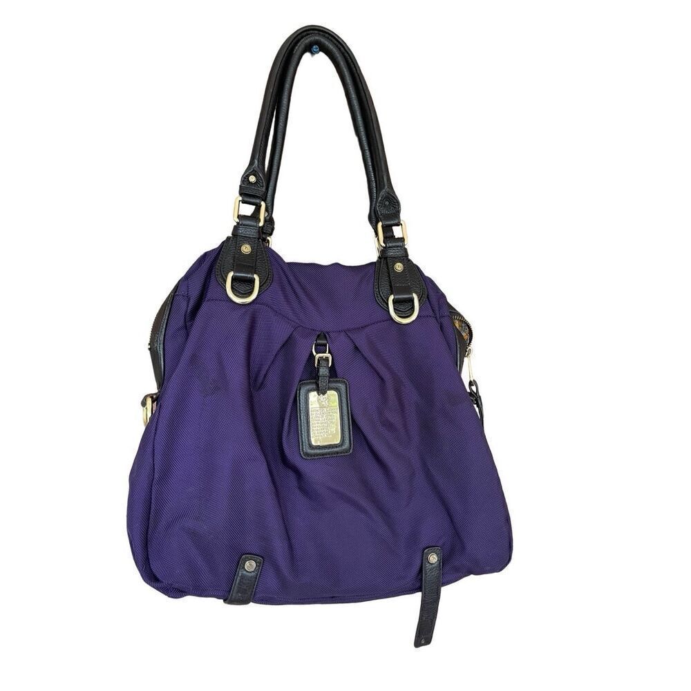 JPK Womens Purple Gold Tone Nylon Top Zip Closure Leather Double Handle Handbag